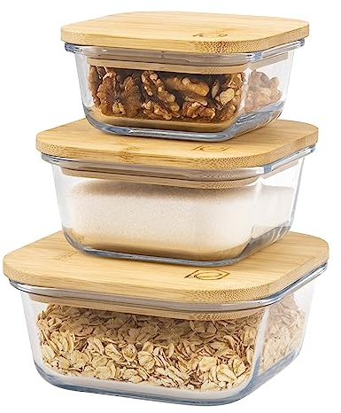 eluno Lot de 3 boîtes de conservation carrées en verre avec couvercles en bambou
