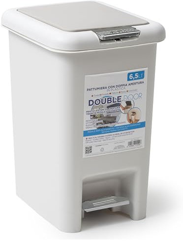 IPEA Cestino della Spazzatura in Plastica Piccolo - 6,5 Litri - Con Innovativa Doppia Apertura Pedale e Pulsante - Design Minimal ed Elegante - Pattumiera Rifiuti Casa, Cucina, Bagno - Grigio Chiaro