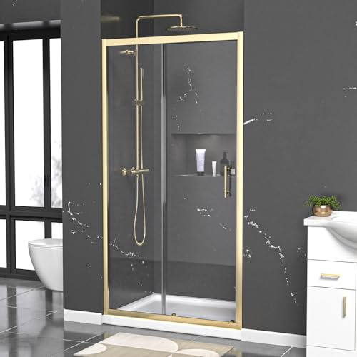 Nes Home 1000mm x 1850mm Shower Enclosure 6mm Glass Slider Door Brushed Brass
