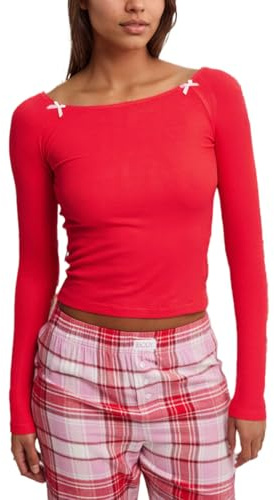 EMOTTOS Camiseta de Manga Larga T Shirt Mujer, Ajuste Clásico Cuello Redondo tee Top con Bowknot Decorativo, Básico Blusa Casual Color Sólido Camiseta Termica Mujer, Rojo, M