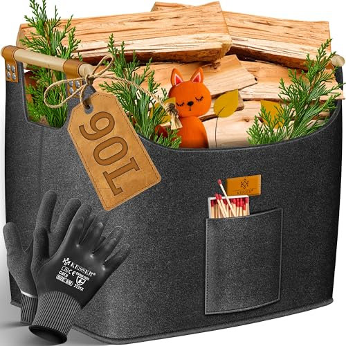 KESSER® Cesta para leña de 90 litros | Bolsa para leña de chimenea de fieltro extra grueso | Cesta plegable con asas de madera reforzadas | Cesta de almacenamiento para madera, periódico o leña |