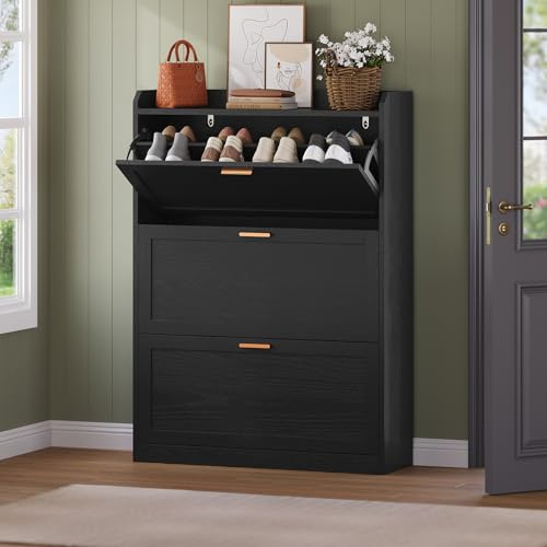 KIMENICH Schuhschrank mit 3 Klappen, Schuhkipper Schmal, Trennwand Verstellbar, für 16-24 Paar Schuhe, Flur, Portale, 24 x 80 x 121 cm, Schwarz