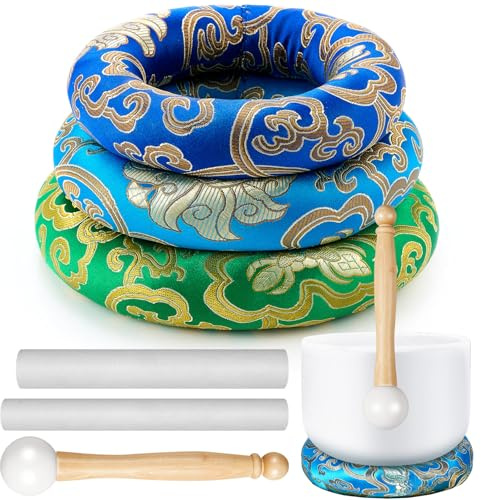 Fiada 6 Pcs Singing Bowl Cushion Set 3 Silk Cloth O Ring with 3 Crystal Singing Bowl Mallet Include Solid and Hollow Stick Wood Handle Rubber Mallet for 7-9 Tibetan Sound Meditation