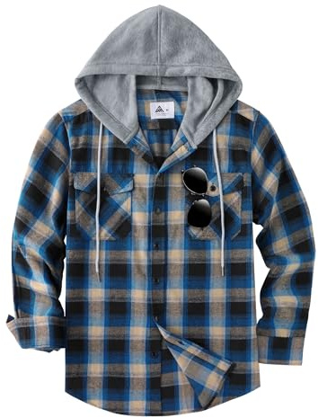 JACKETOWN Camicia in Flanella Quadri da Uomo con Cappuccio Maniche Lunghe vestibilità Regolare Camicie Casual Comode in Cotone con Taschino sul Petto Taglia M-3xl