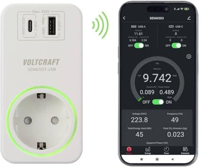 VOLTCRAFT SEM6503 Energiekosten-Messgerät USB-Schnittstelle, USB-Messung (Ladeleistung), inkl. Funksteckdose, Datenexpo