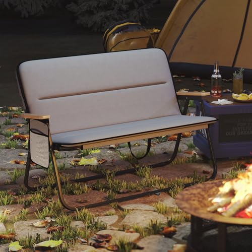 Giantex Canapé inclinable 2 places pour camping, fauteuil rembourré avec poche latérale, dossier et accoudoirs, chaise de jardin portable avec structure en métal, chaise pliante pour pique-nique