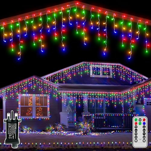 Hopexy Icicle Outdoor Christmas Lights, 600 LEDs 15m Waterproof Connectable Outside Fairy Light Mains Powered, Multicolour Hanging String Light Plug in, for House Roof Porch Gutter Xmas Decorations