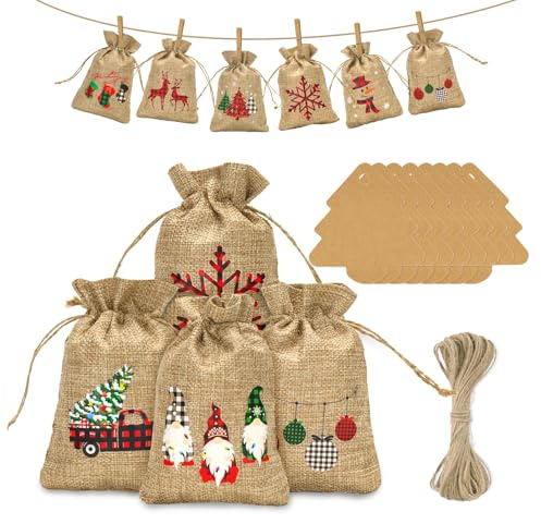 jijAcraft Calendario de Adviento para rellenar, sacos de yute: 13 x 18 cm, bolsas de yute grandes, 24 unidades de bolsas de regalo de Navidad con colgantes de abeto y cuerda de yute para decoración de