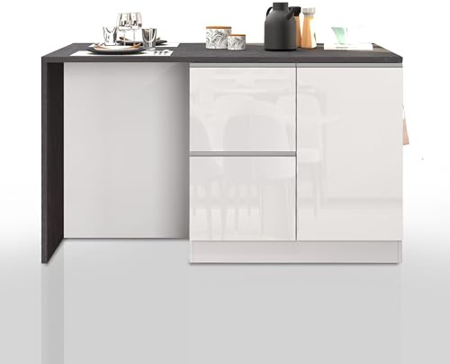 WHOUS Isola Cucina SOLE con 1 Anta, 2 Cassetti e 6 Vani, Tavolo da Pranzo e Piano di Lavoro, Ideale per Open Space e Spazi Ridotti, 152,5x90x90,60 cm, Bianco Lucido e Report