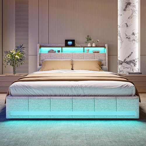 WSOFZMO Dubbelsäng 180x200 med ribbotten, Boxspringsäng 180x200, Dubbelsäng med sänglåda, sängar med 4 lådor, LED och 2 USB, 1 Type-c, linne, utan madrass (Beige, 180 * 200)