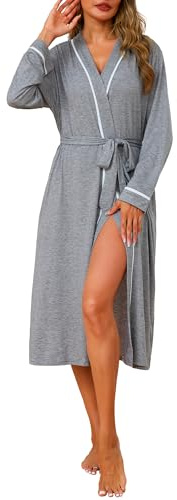 Vlazom Peignoir Femme Long et Confortable Ceinture Adjustable et Bordure à Motifs Blanc Idéal pour la Maison