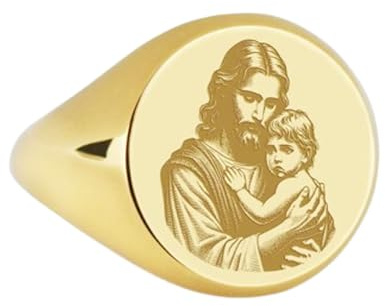 925 Sterling silver Jesus Kristus | Guldpläterad ring | Rund form 14 x 14 mm sigillring | Bandstorlek US 5-12,5 Avelaibal | LKDR_0045