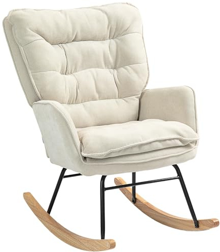 HOMCOM Fauteuil à Bascule, Rocking Chair en Chenille, Chaise à Bascule avec Dossier et Assise Larges rembourrés, accoudoirs, Base en Bois de hêtre, pour Salon, Chambre, Beige