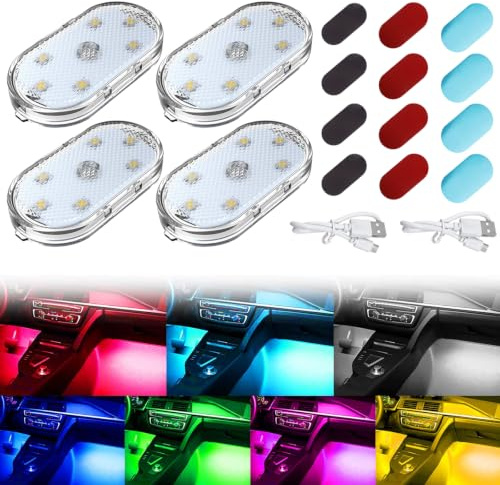 4 pezzi di illuminazione interna per auto a LED, 7 colori RGB per l'illuminazione ambientale interna, luce touch LED senza fili, luci LED per auto ricaricabili tramite USB, illuminazione notturna