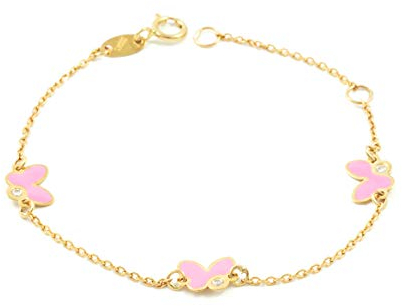 Monde Petit Damen & Kinder Rosa emaillierter Schmetterlinge Armband - Gelbgold 9 Karat (375) - Geschenkbox - Garantiezertifikat
