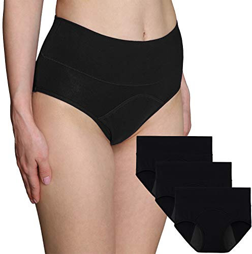 INNERSY Bragas Mujer Período Menstruales de Cintura Alta de Algodón Protección Ropa Interior Pack de 3(XL-EU 44, 3 Negro)