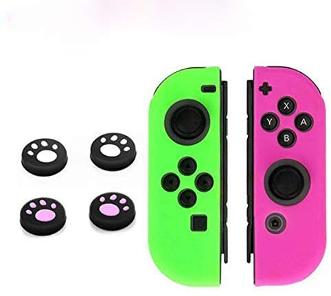 6-i-1 silikonskyddande skal fodral med tumpinnar joystick keps tumgrepp för Nintendo Switch NS Joy-Con kontroll grön-rosa