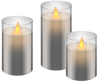 goobay 57865 set med 3 LED äkta vaxljus i glas (grå) med timerfunktion, varmt vitt ljussken, rörlig låga, 10, 12,5 och 15 cm höga ljus transparent