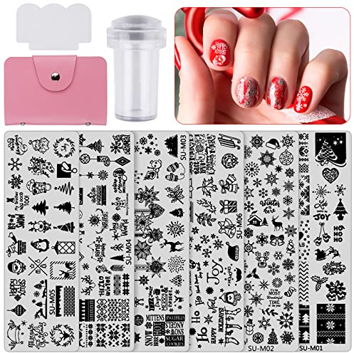 EBANKU 6 Pcs Estampador de Uñas, Set de Stamping Nail Art, Reno del Copo de Nieve del árbol de Navidad, Plantilla Para Decoración de Uñas, con 1 Estampadora + 1 Raspador + 1 Bolsa de Almacenamiento