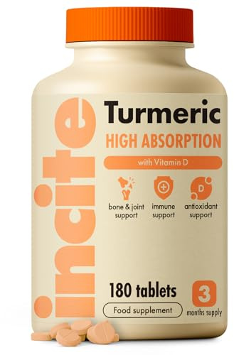Incite Nutrition Turmeric Tablets 2000 mg. 3-Month Supply with Vitamin D. Antioxidant, anti-inflammatory, immune-boosting. Non-GMO, suitable for vegetarians and vegans.