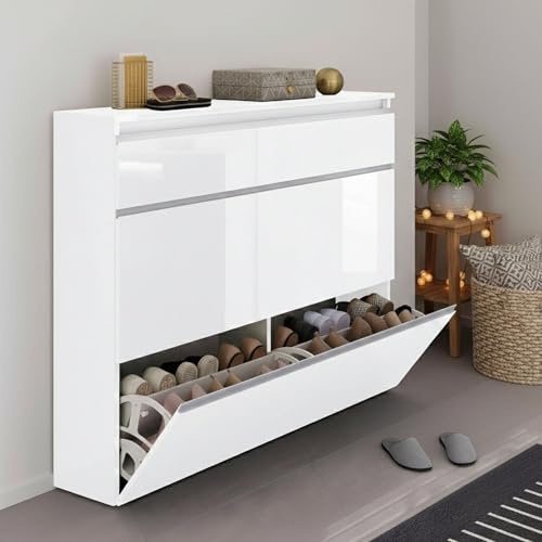Dmora - Étagère à chaussures Piero, Armoire polyvalente avec 2 portes et 1 porte abattante, Étagère à chaussures d'entrée, 100% Made in Italy, 120x27h108 cm, Blanc brillant