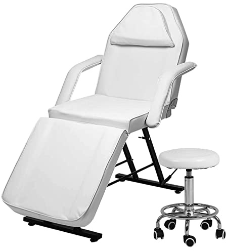 Vanimeu White Adjustable Massage Table with Stool - 3-Section Salon Tattoo Lash Bed, Removable Armrests & Headrest for Spa, 185x85x65cm
