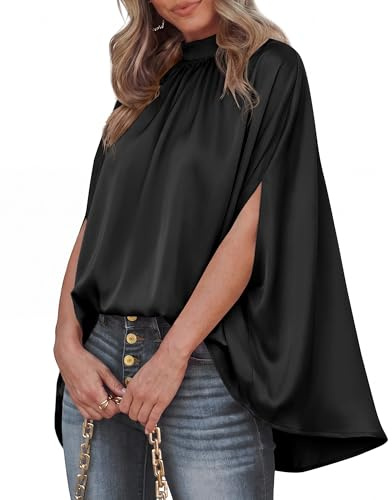 BTFBM Womens Summer Tops 2026 Mock Neck Batwing Sleeve Silk Satin Shirts Loose Oversized Dressy Casual Spring Blouses(Black, Large)