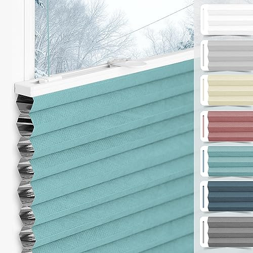 bobodeco Wabenplissee Plissee ohne Bohren Verdunkelung Klemmfix Thermo Verdunklungsplissee, Hellblau-Weiß 50x120 cm(BxH), 100% Verdunkelnd & Sicht- & Schallschutz, Wärmeisolierung für Fenster & Tür