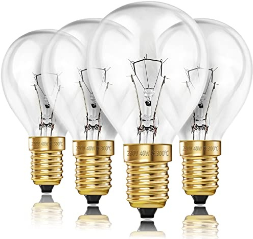 Confezione da 4 lampadine da forno da 40 W, 300 C, 2700 K, bianco caldo, 350 lumen, a incandescenza, 230 V, dimmerabili, G45 SES, lampadine da forno da golf per fornelli e forni