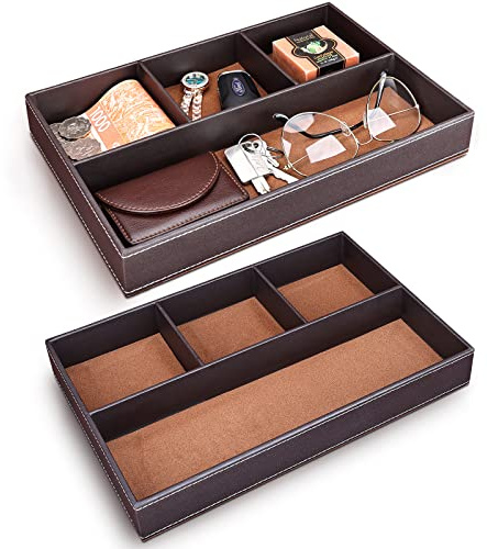 GORESE Bandeja de Valet Cuero, Bandeja Organizador de Escritorio Bandeja de Almacenamiento Aparador Organizador, Captura para Llaves, Teléfono, Billetera, Moneda, Joyería y Mesa de Noche(Marrón-2Pcs)