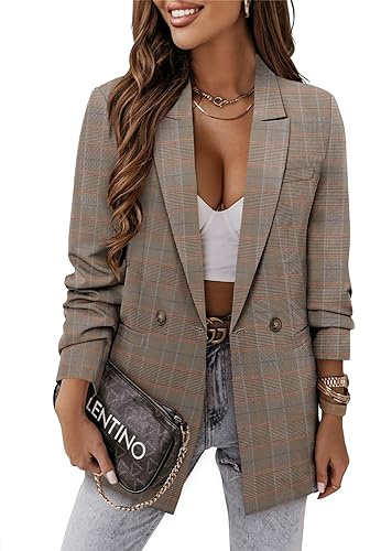 CRAZY GRID Women Business Casual Blazer Jacket Fashion Work Professional Suit Jacket Ladies Light Buttons Formal Office Blazer M Brown Plaid
