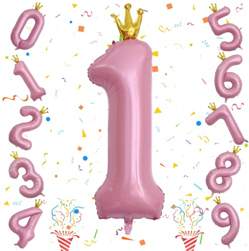 Crown Pink Number 1 Balloon for Girls 1st Birthday Party, 40 Inch Large Number Foil Helium Pastel Pink Balloons 0-9, for Women 21st Birthday Party Baby Shower Anniversary Party Decoration Supplies