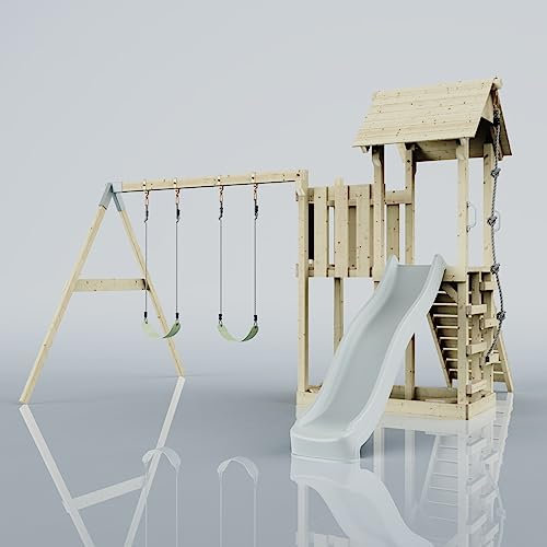 PolarPlay Balcony Tower Kids Wooden Climbing Frame - Swing Elof Mist