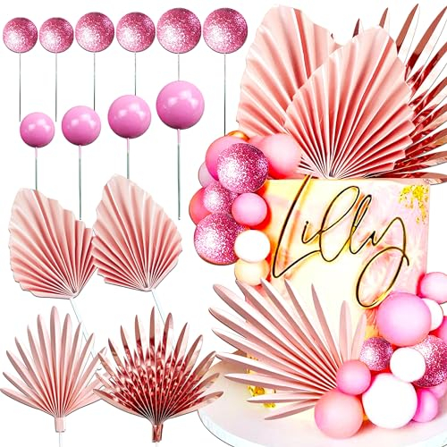 JeVenis 13 PCS Rose Gold Balls & Palm Leaves Boho Cake Decoration