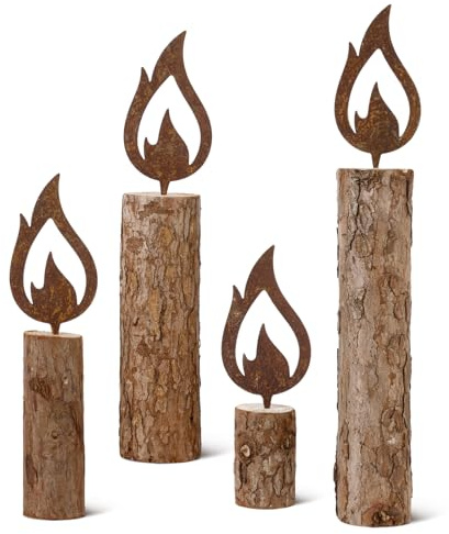 BOFUNX 4pcs Decorazione Fiamme in Ruggine Decorazione Arrugginita Fiamme Decorazione Natalizia Candela con Legno per Casa Giardino Natale