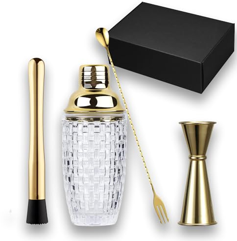Gbuxska Cocktail Shaker Set i guld – cocktailblandare i glas med sil – Martini Shaker Set – matchande cocktailjigger och barsked med stänkare – bartenderkit för hemmabar
