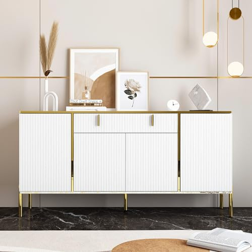 DEZAGCE Sideboard mit 4 Türen und 1 Schublade, Komodenschrank mit verstellbare Einlegboden, Anrichte, Küchenschrank,Buffetschrank für Eingang, Küche, Esszimmer, weiß, MDF, 40 x 60 x 80 cm