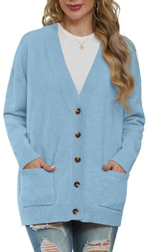 GRECERELLE Cardigan d'hiver en tricot à manches longues avec col en V boutonné et poche pour femme