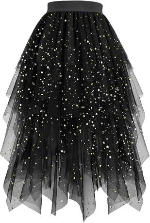 Hanpceirs Damen Tüll Röcke High Low Layered Puffy Fee Röcke A-Linie Midi Rock Unregelmäßiger Tutu Rock Schwarz Pailletten L