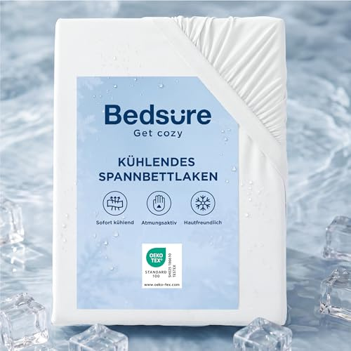 Bedsure Spannbettlaken 180x200cm kühlendes Bettlaken - Sommer Spannbetttuch bis 40cm für hohe Matratzen, Boxspringbett, Oeko-TEX Zertifiziert Q-MAX 0.4-Kühlstoff sorgt, Weiß