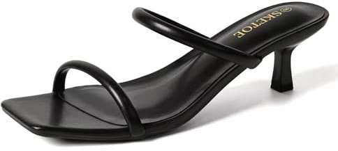 SKETOE Kitten Heels for Women Two-Strap Open Toe Sandals Square Toe Heels