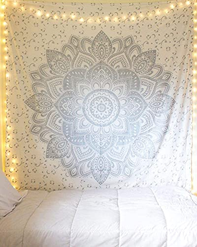 raajsee Grey Silver Mandala Ombre Tapestry Wall Hanging/Indian Cotton Boho Bohemian Psychedelic Hippie Throw Twin Tapestries/A Elephant Wall Decor(White Silver Passion, 140x210cms Twin)