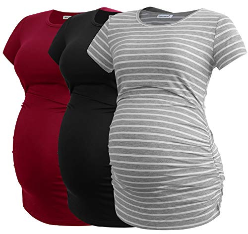 Smallshow Women's Maternity Tops Side Ruched Tunic T-Shirt Pregnancy Clothes, Black/Light Grey Stripe/Wine, XXL