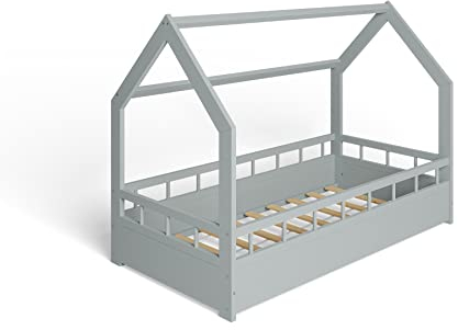 ms factory Hausbett Kinderbett 80x160 cm mit Rausfallschutz und Lattenrost - Einzelbett aus Kiefernholz für Mädchen und Junge - Grau