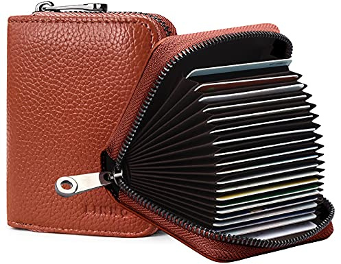 Goopai RFID 20 Card Slots Credit Card Holder Genuine Leather Accordion Card Case Small Wallet for Women or Men with Zipper (Brown)