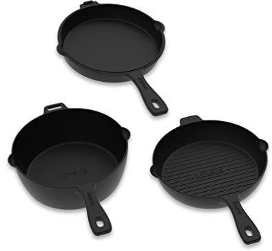 IGNEUS Pre-Seasoned 3 Part Cast Iron Pan Set : Includes - Griddle Skillet pan, Frying pan, deep Saucepan, Doubles up to be a Dutch Oven