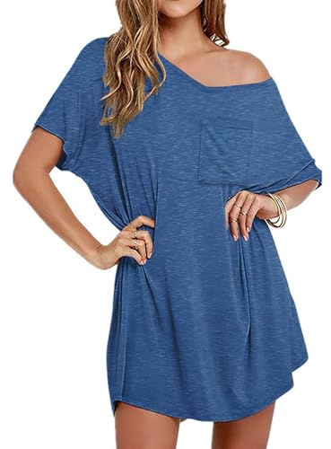 Ekouaer Womens Tshirt Nightgown Cotton V Neck Sleepshirts Comfy Casual Nightshirt for Women, Peacock Blue, Large