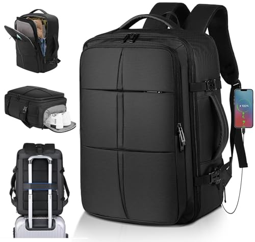 KKNE Mochila Viaje - Expandible, Mochila Grande, Mochila Viaje Cabina Avion, Adecuado tanto para hombres como para mujeres, Con puerto de carga USB, Negro