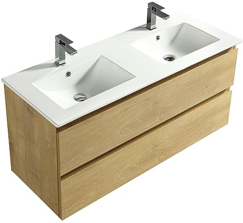 Alpenberger - Mobile Lavabo Doppio Con Base | Lavello XXL 120 cm di Larghezza | 2 Vasche | Sottolavabo da Bagno in Rovere