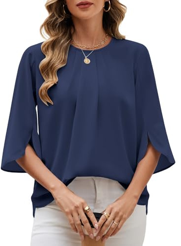 PASUDA Camicia Donna Elegante Manica a 3/4 Top Blusa a Girocollo in Chiffon Casual Camicetta Estiva Tinta Unita Manicotto Split Maglietta da Lavoro